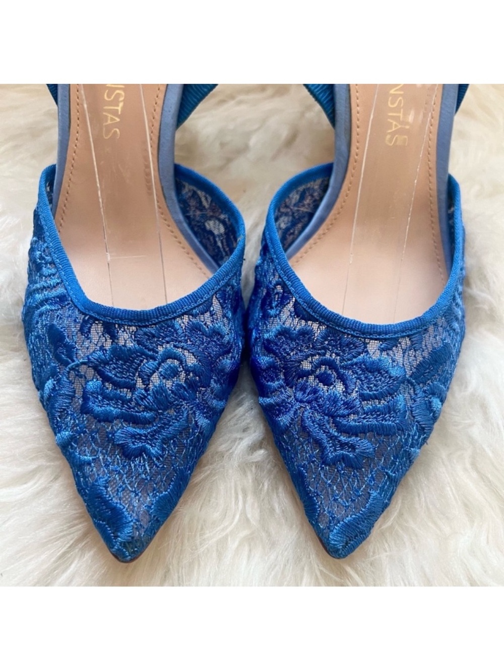 New! Caroline Constas Blue Lace Bow Slingback Pointed Toe Heels EU 37 Rare - Picture 3 of 10